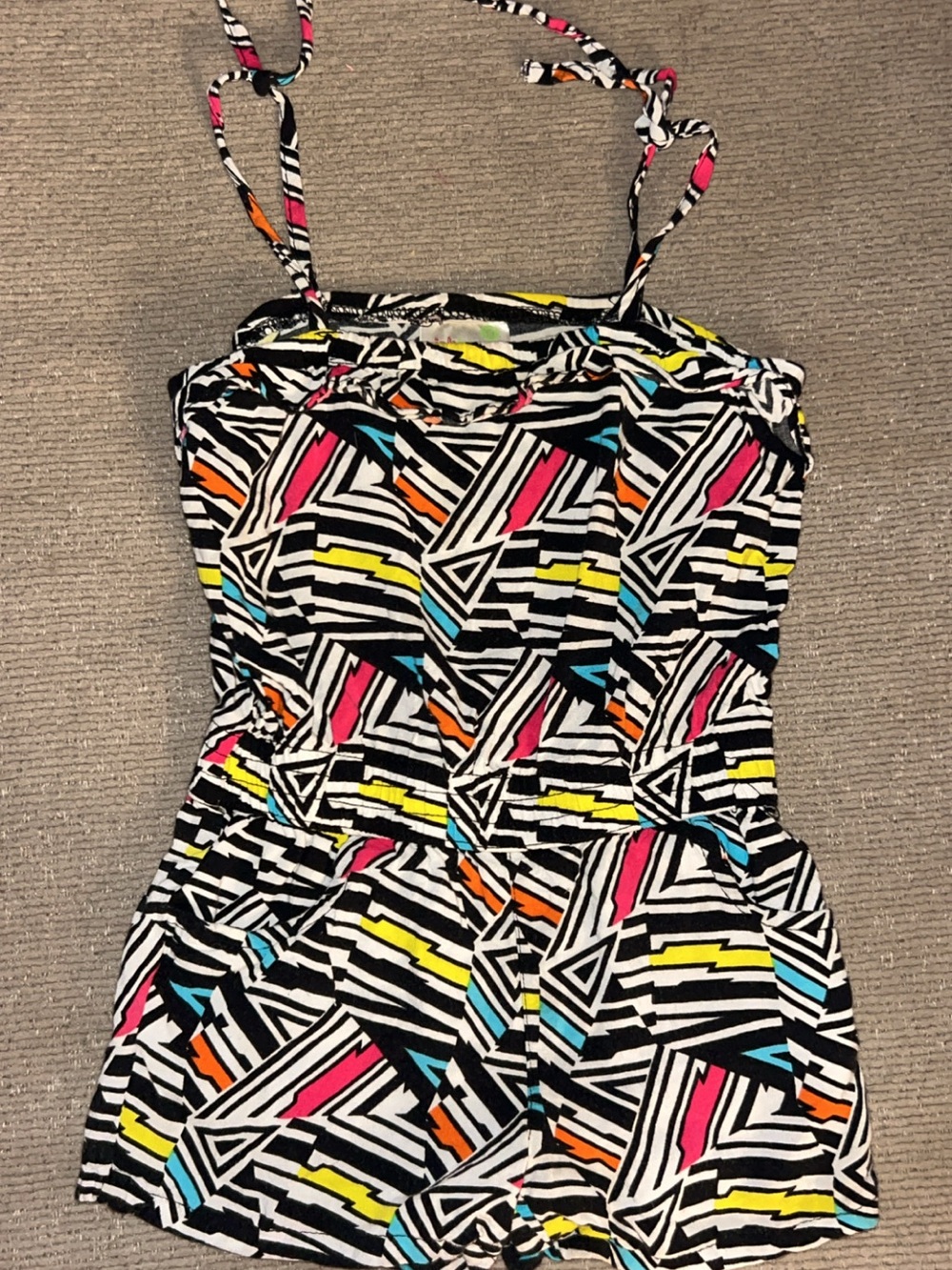 Girls' Black Geo-Stripe Swim Romper with Neon Accents